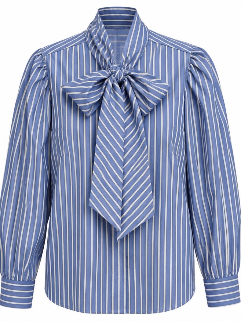 Blue White Striped  Blouse Puff Sleeve Tie Neck Preppy Chic Shirt NWOT